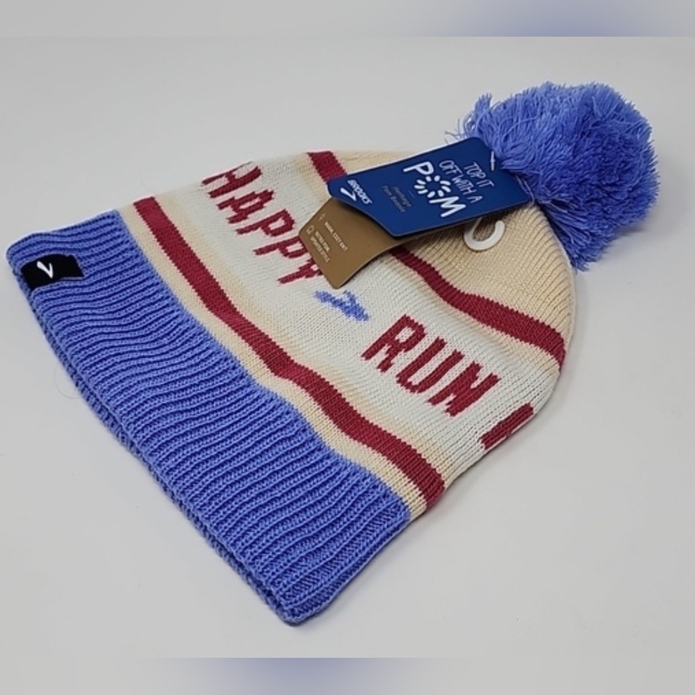 New! Brooks Run Happy Heritage Pom Pom Logo Blue Sand Beanie One Size Fits All